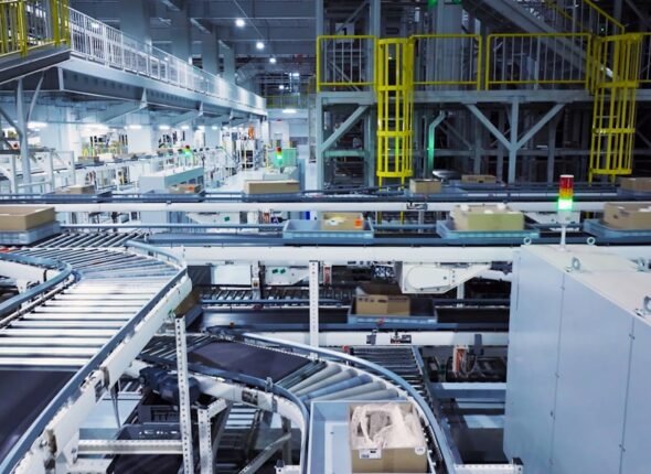 Linha de produção automatizada com robôs e sistemas digitais integrados em fábrica moderna
